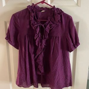 J. Crew aubergine ruffle front blouse, size 8